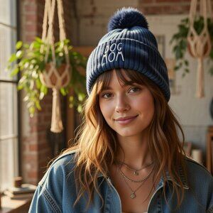 Ombre Dog Mom Tie Dye Soft Knitted Beanie Hat Dark Blue with Faux Fur Pom Pom